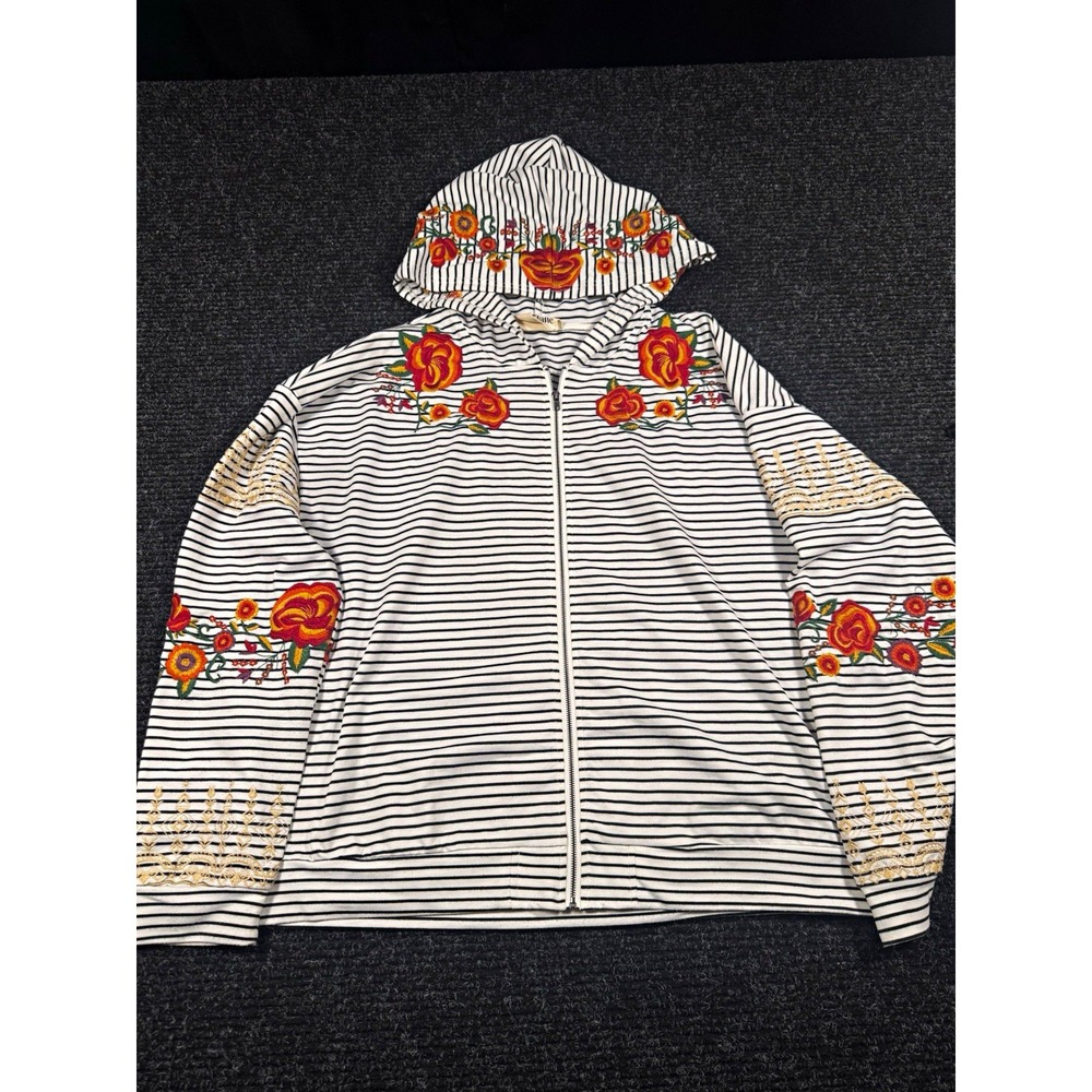 Savanna Jane Womens L Hoodie Floral Embroidered Striped Full Zip Boho Western